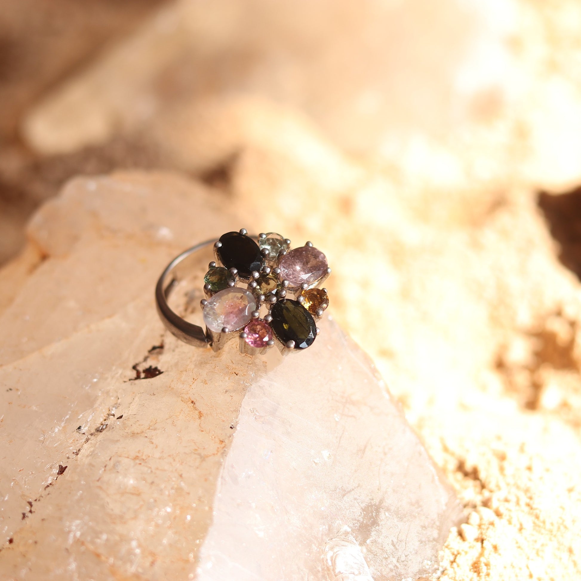 Silver Ring with Multicolored Tourmaline Designed in a Unique Foldable Mechanism