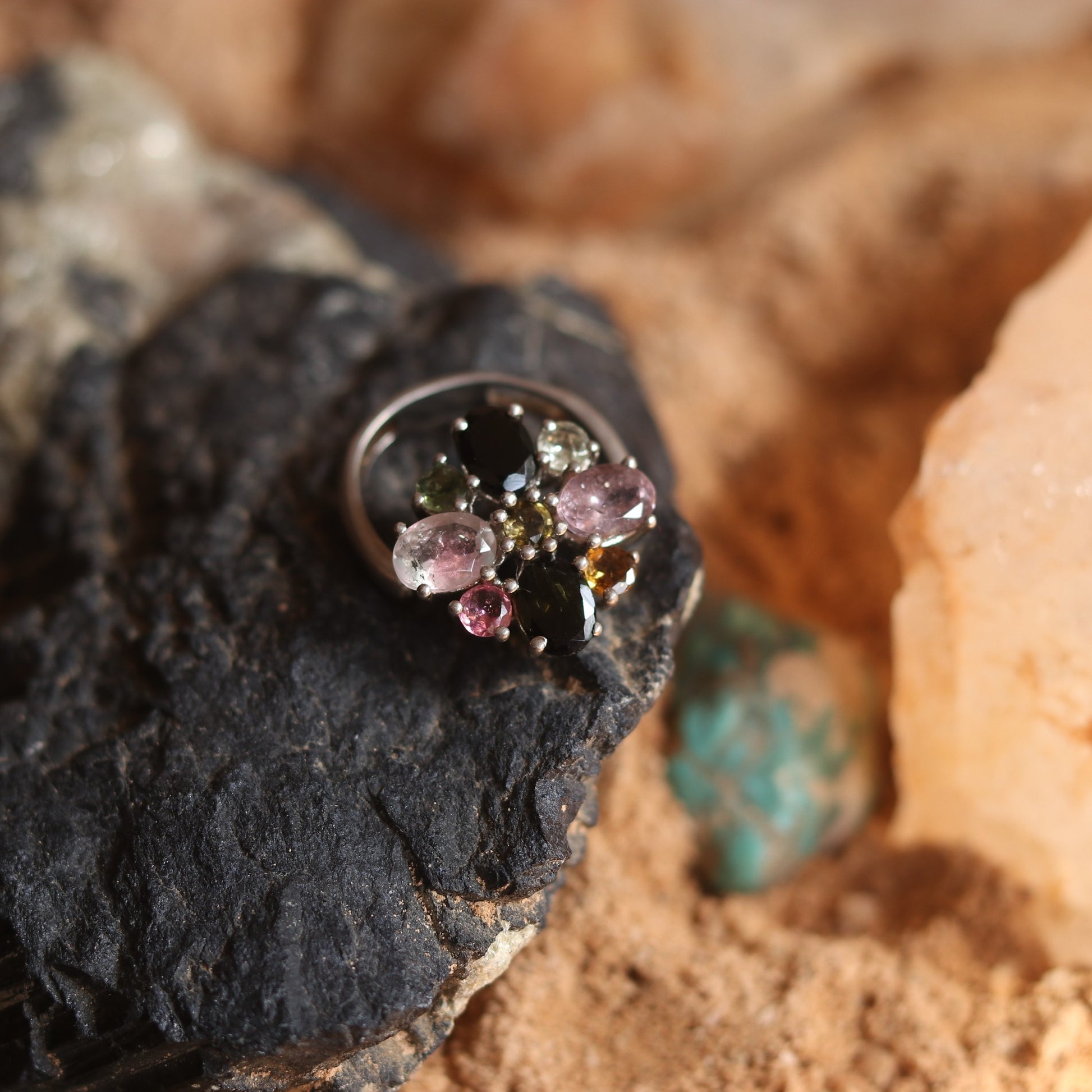 Silver Ring with Multicolored Tourmaline Designed in a Unique Foldable Mechanism