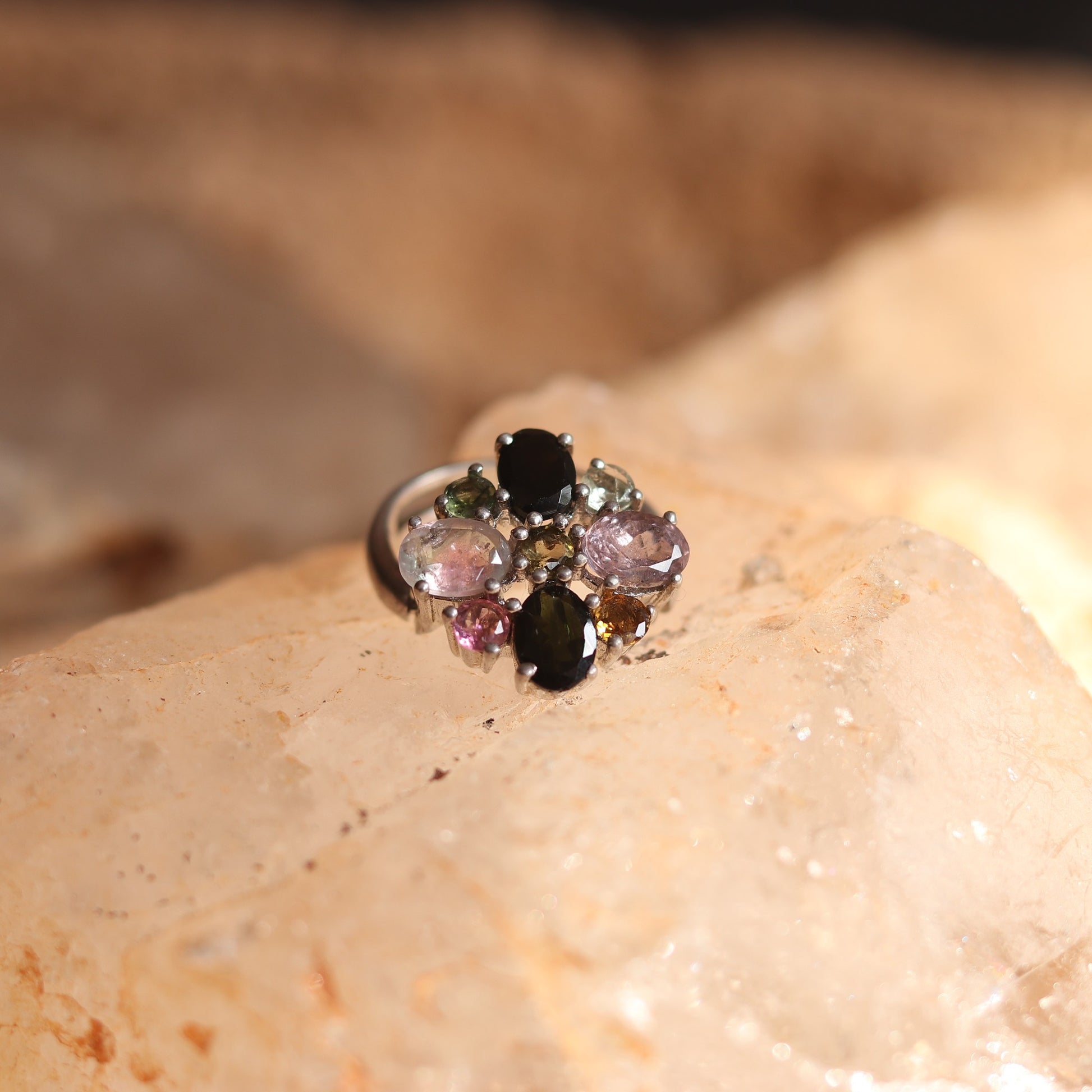 Silver Ring with Multicolored Tourmaline Designed in a Unique Foldable Mechanism