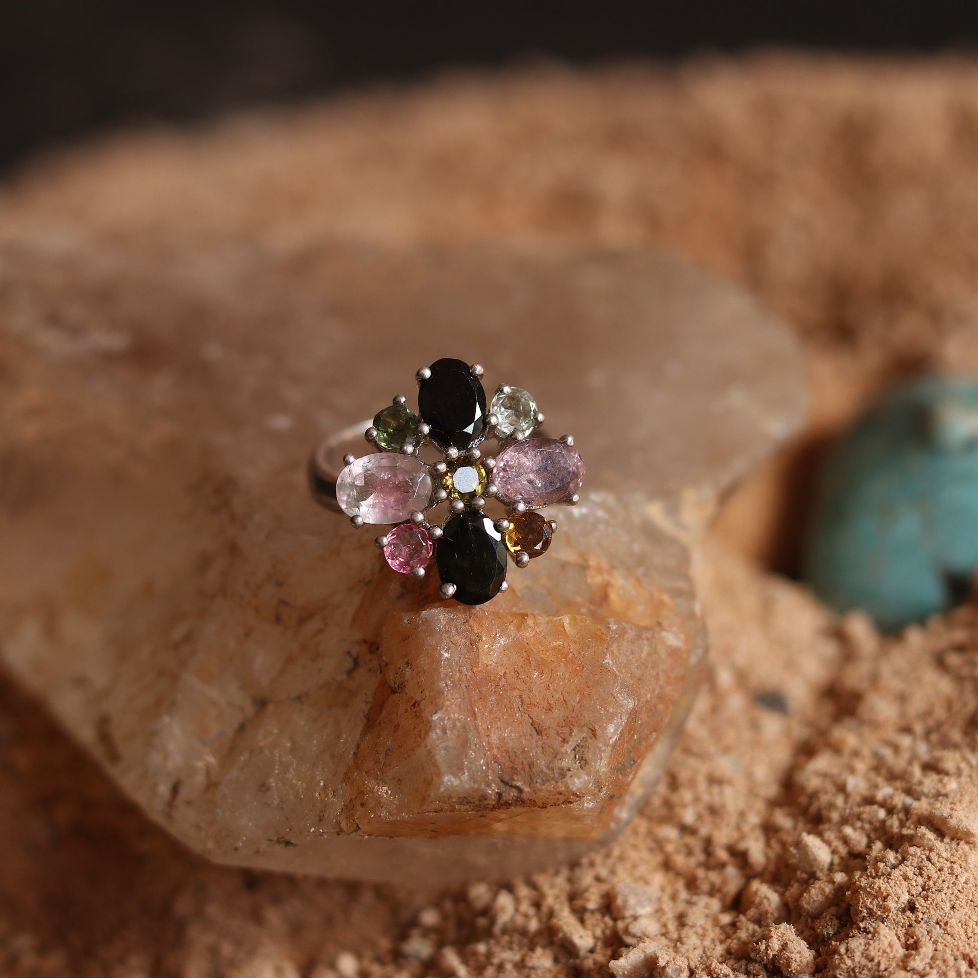 Silver Ring with Multicolored Tourmaline Designed in a Unique Foldable Mechanism