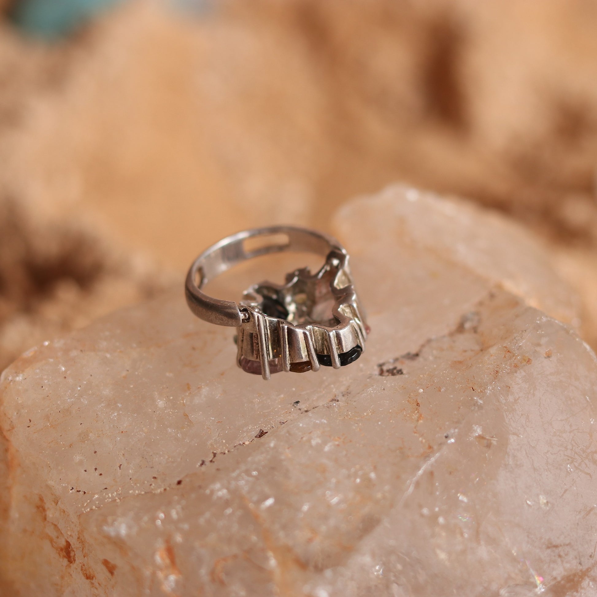 Silver Ring with Multicolored Tourmaline Designed in a Unique Foldable Mechanism