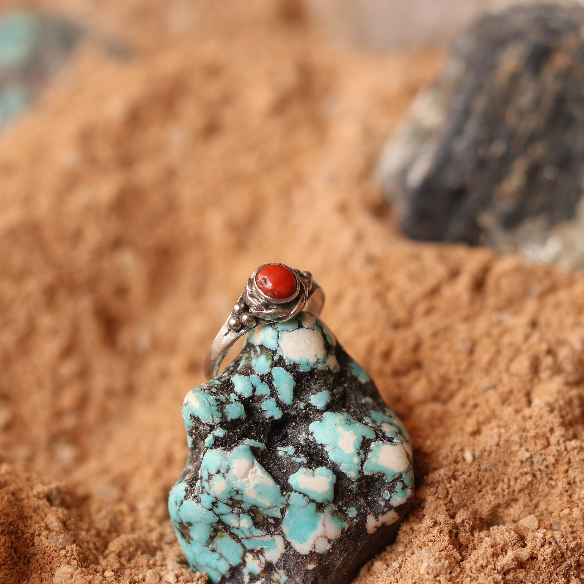 SILVER RING STUDDED WITH CORAL