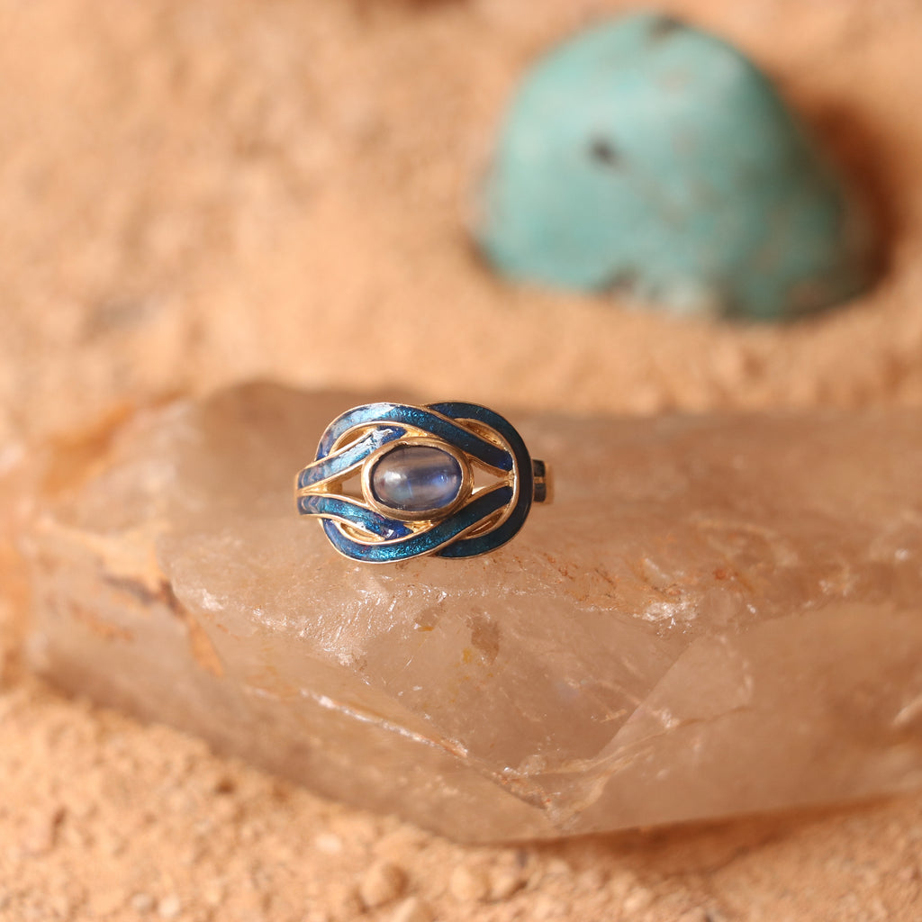 SILVER RING IN GOLD PLATING AND ENAMELED WORK WITH TANZANITE