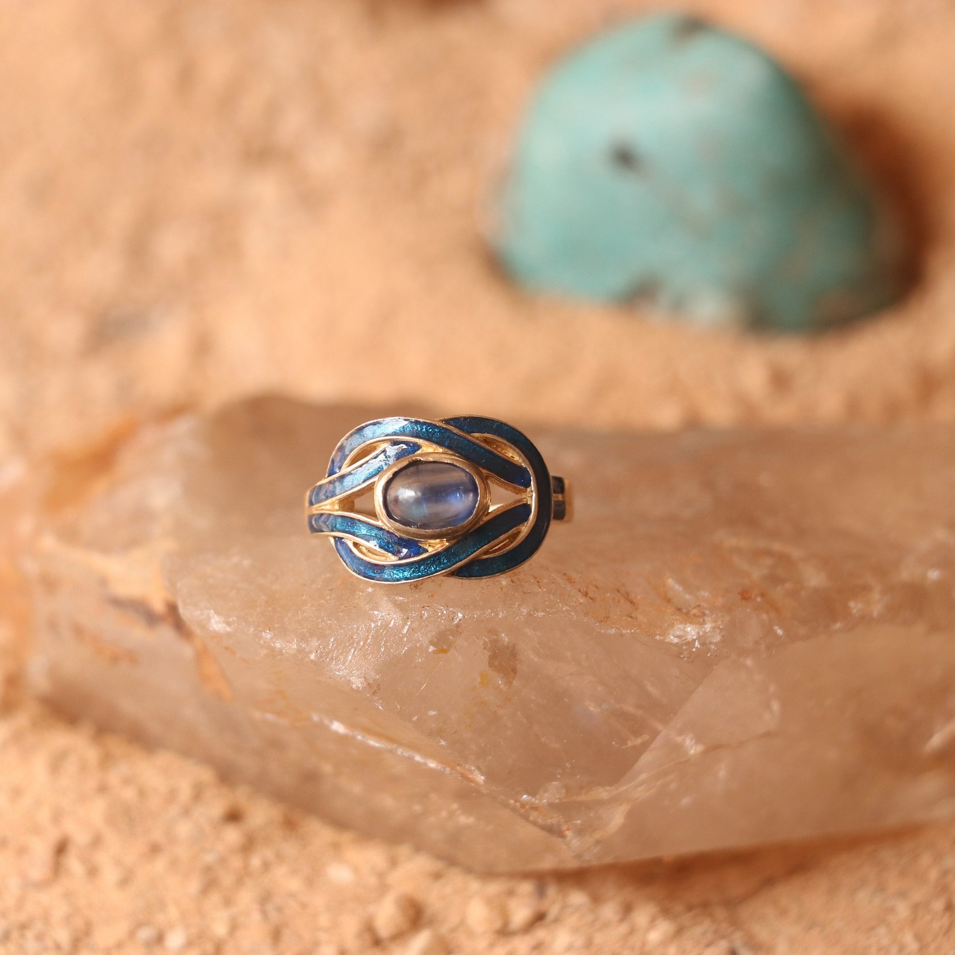 SILVER RING IN GOLD PLATING AND ENAMELED WORK WITH TANZANITE