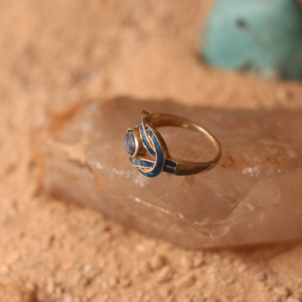 SILVER RING IN GOLD PLATING AND ENAMELED WORK WITH TANZANITE