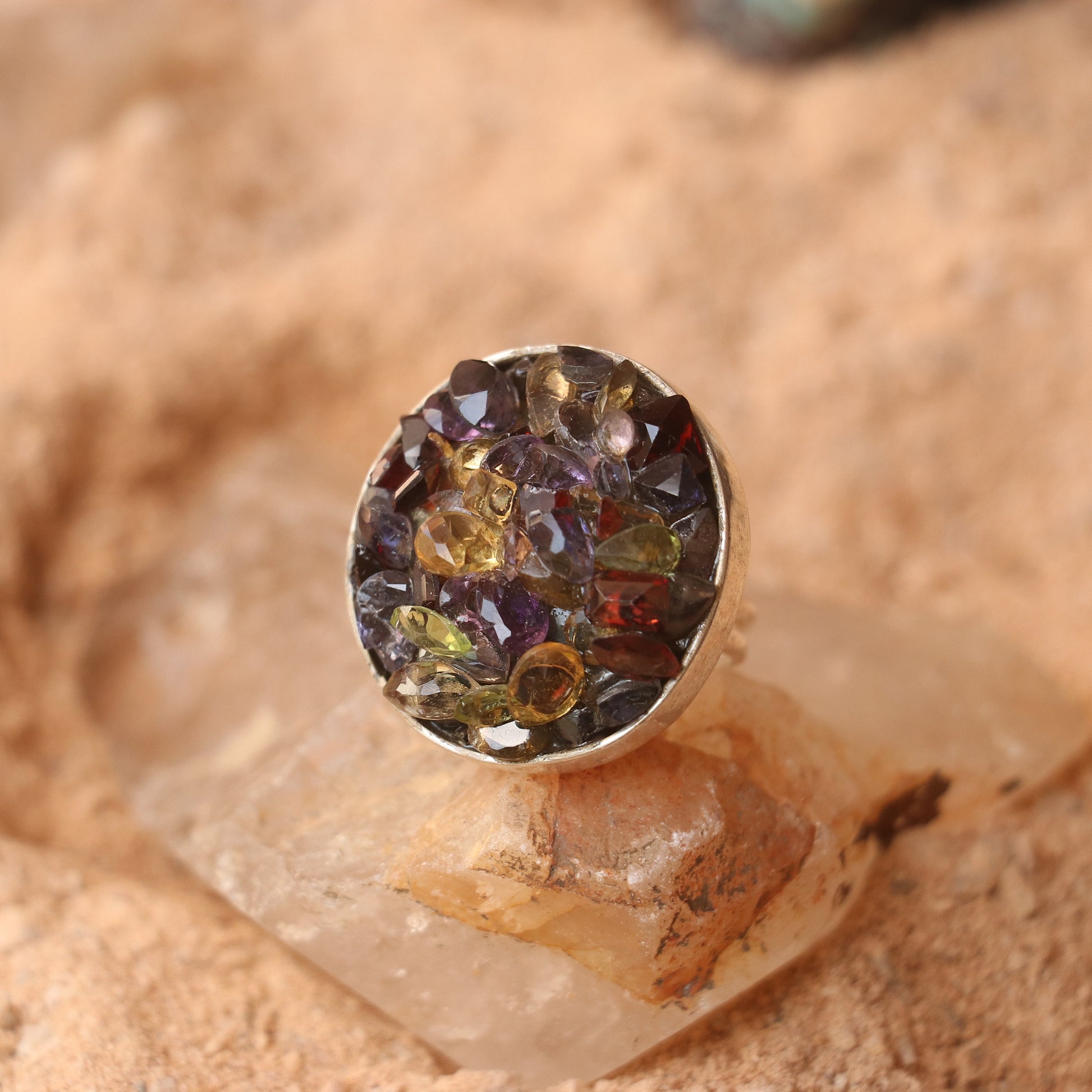 SILVER RING WITH A CLUSTER OF GARNET , GOLDEN TOPAZ , AMETHYST & PERIDOT
