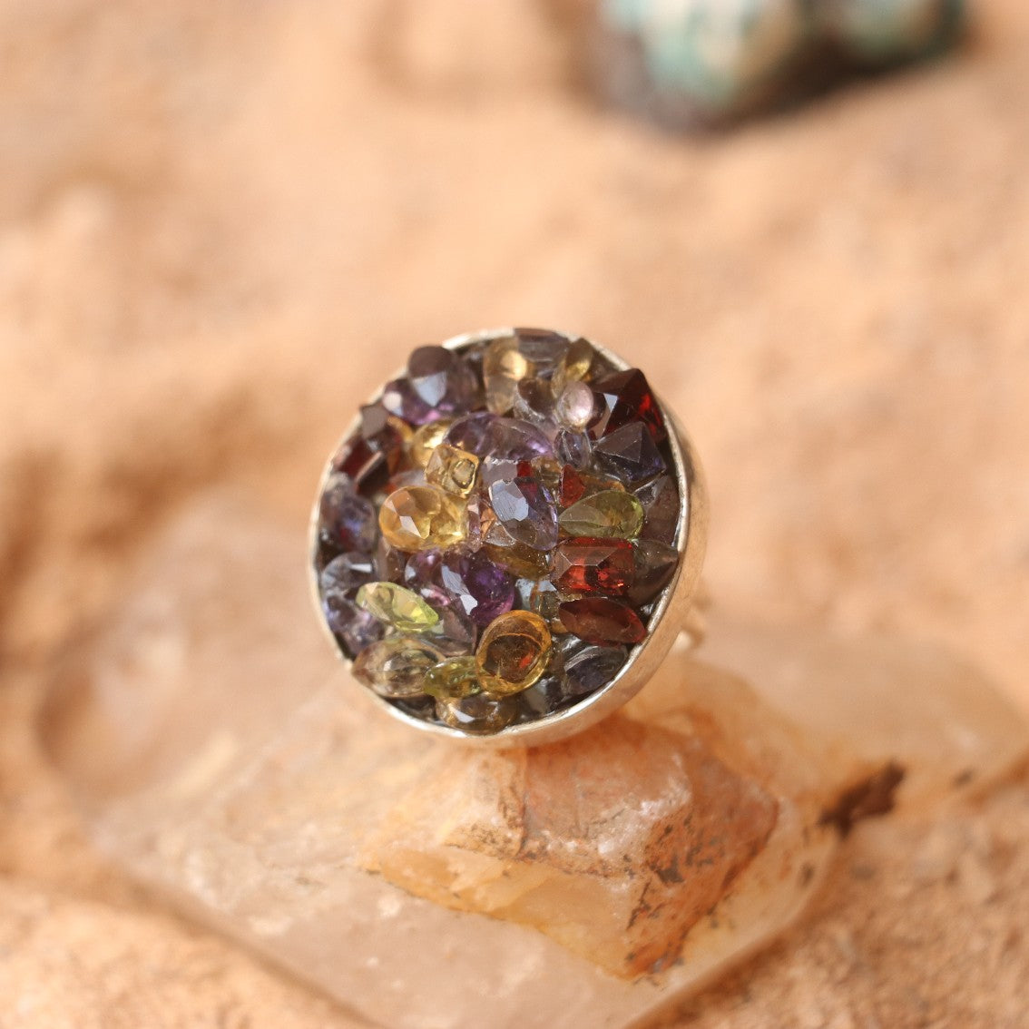 SILVER RING WITH A CLUSTER OF GARNET , GOLDEN TOPAZ , AMETHYST & PERIDOT