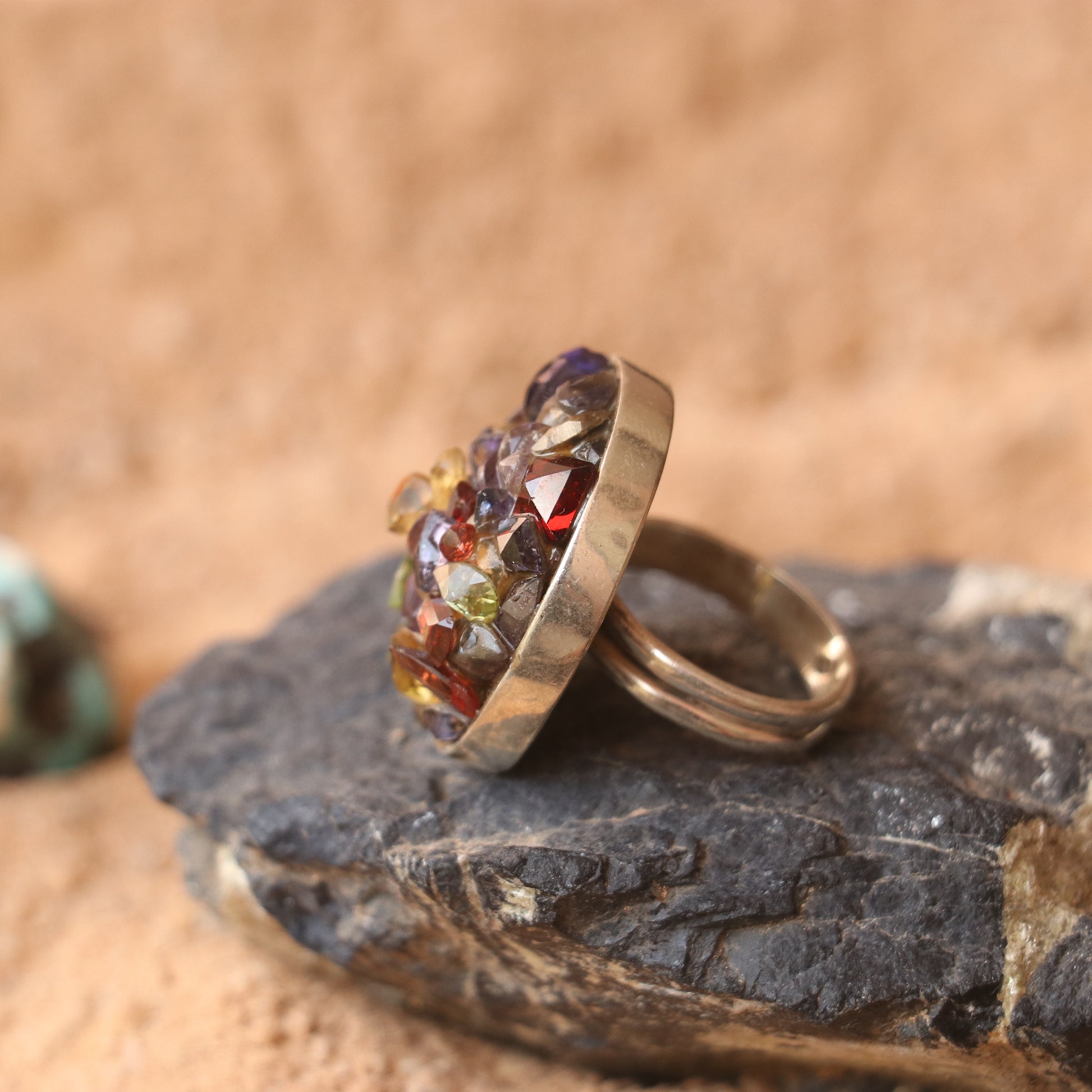 SILVER RING WITH A CLUSTER OF GARNET , GOLDEN TOPAZ , AMETHYST & PERIDOT
