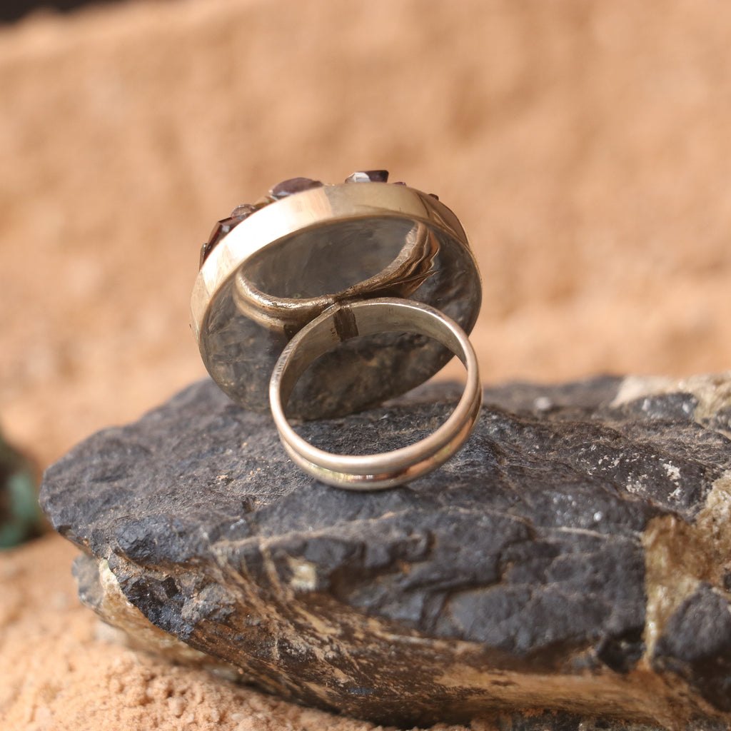 SILVER RING WITH A CLUSTER OF GARNET , GOLDEN TOPAZ , AMETHYST & PERIDOT