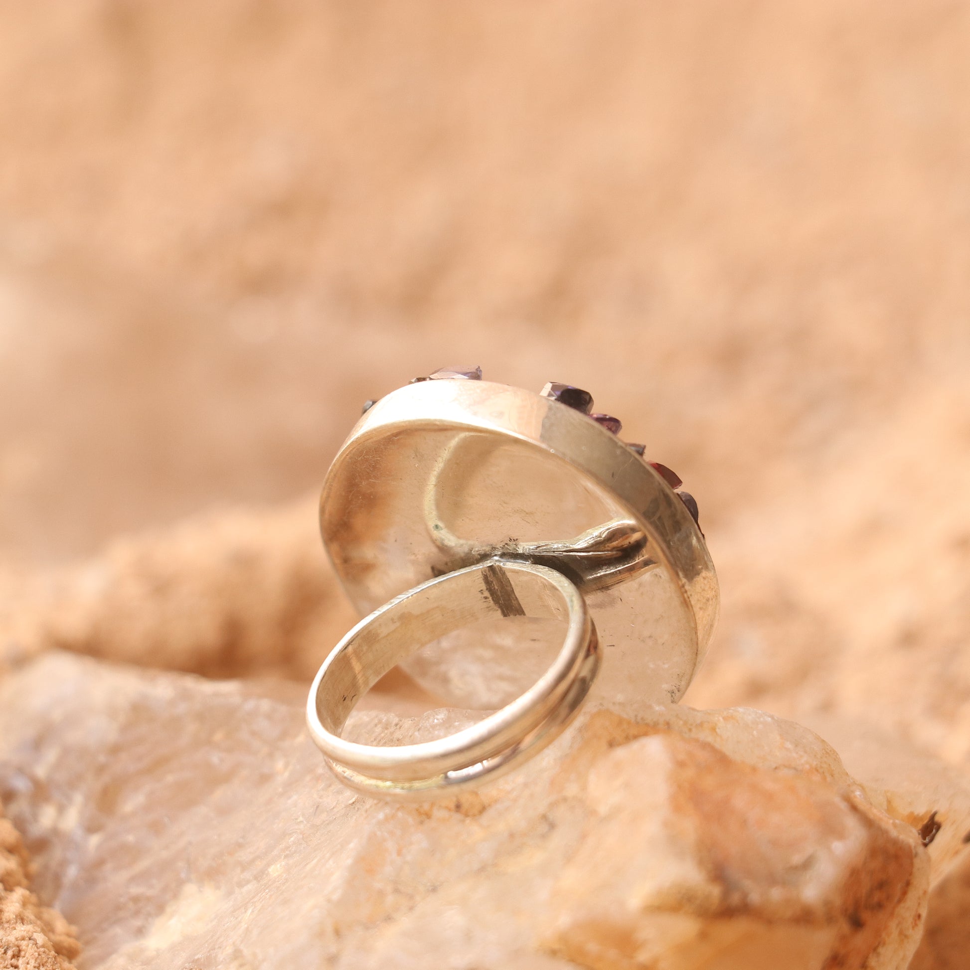 SILVER RING WITH A CLUSTER OF GARNET , GOLDEN TOPAZ , AMETHYST & PERIDOT