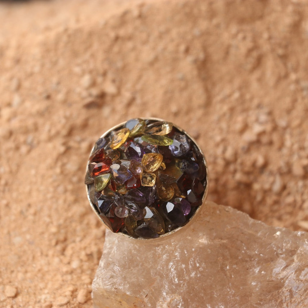 SILVER RING WITH A CLUSTER OF GARNET , GOLDEN TOPAZ , AMETHYST & PERIDOT