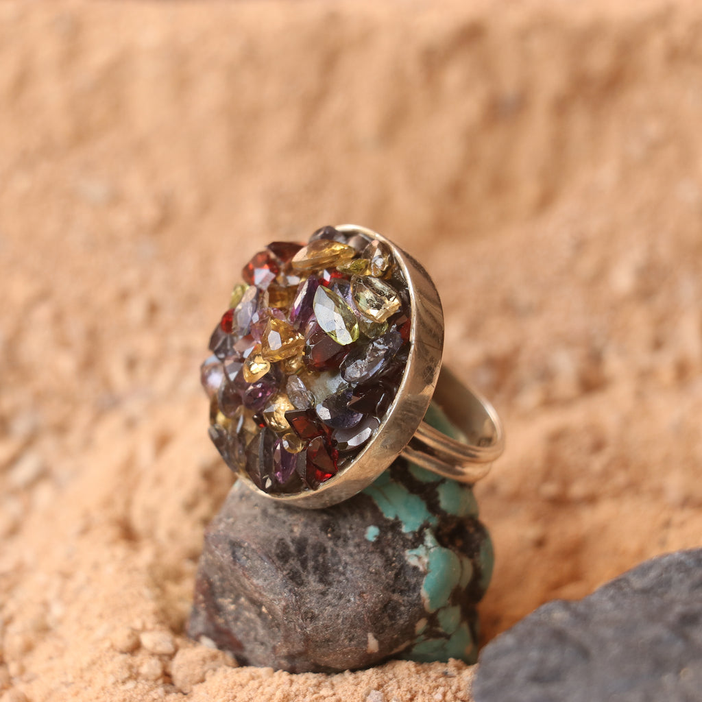 SILVER RING WITH A CLUSTER OF GARNET , GOLDEN TOPAZ , AMETHYST & PERIDOT