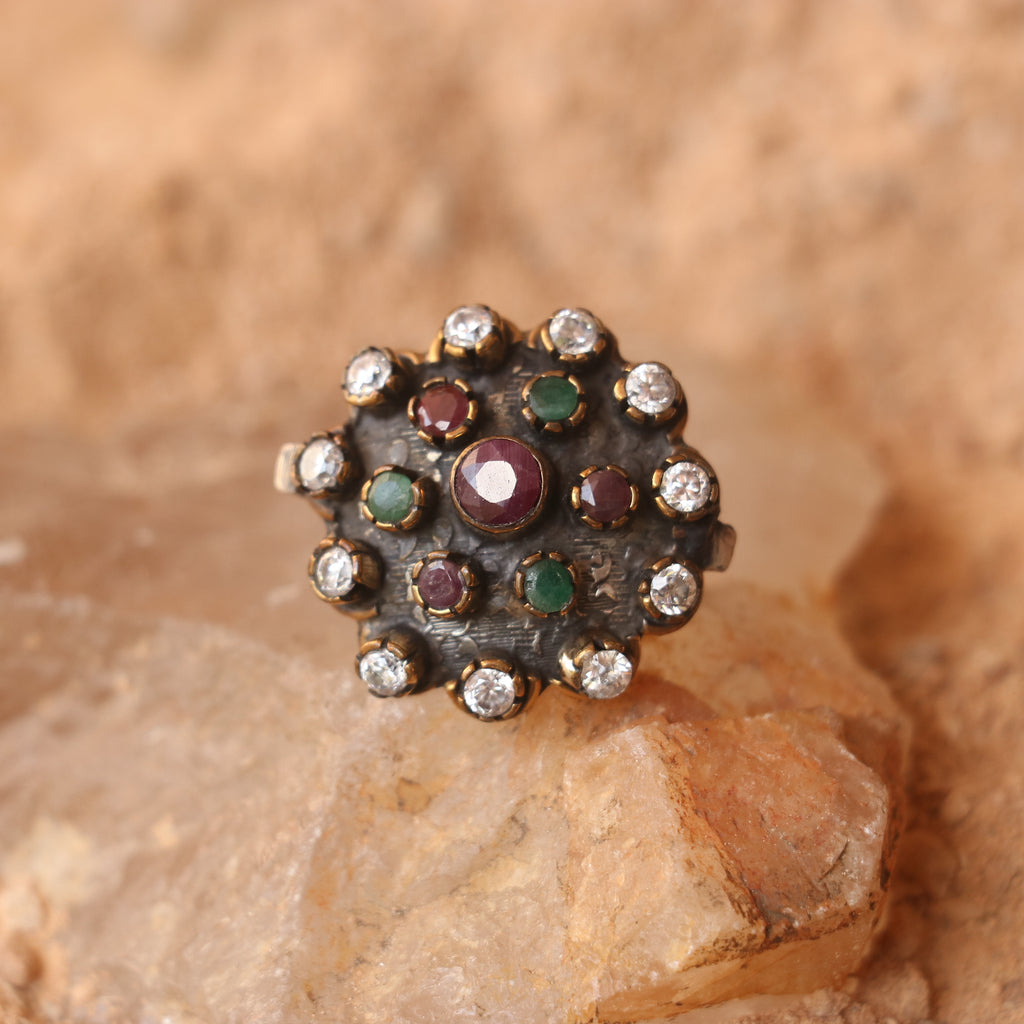 HANDCRAFTED SILVER RING WITH RUBIES , EMERALDS & ZIRCONS