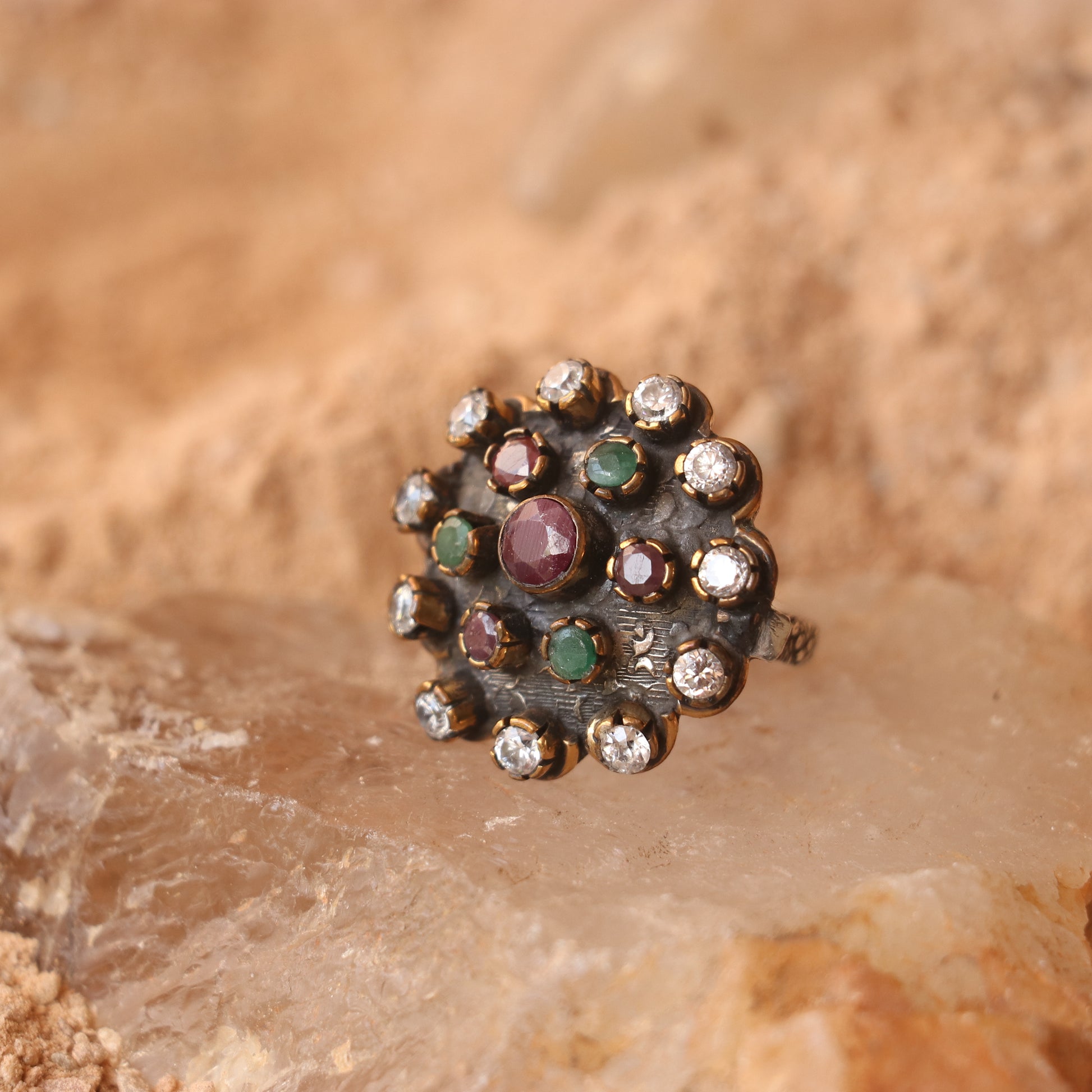 HANDCRAFTED SILVER RING WITH RUBIES , EMERALDS & ZIRCONS