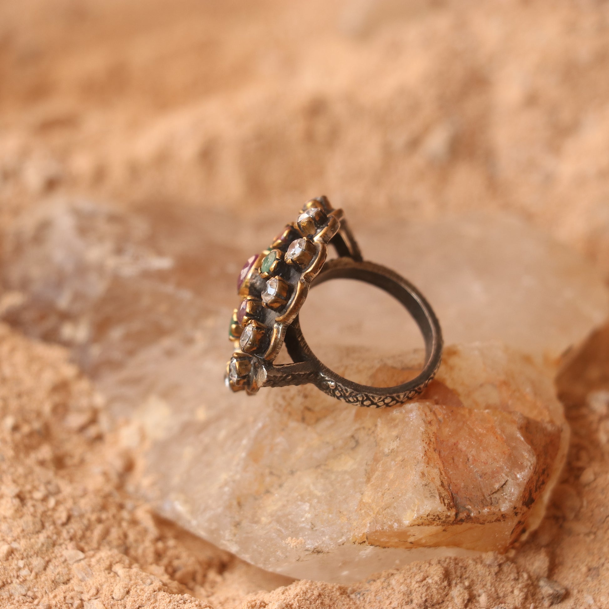 HANDCRAFTED SILVER RING WITH RUBIES , EMERALDS & ZIRCONS