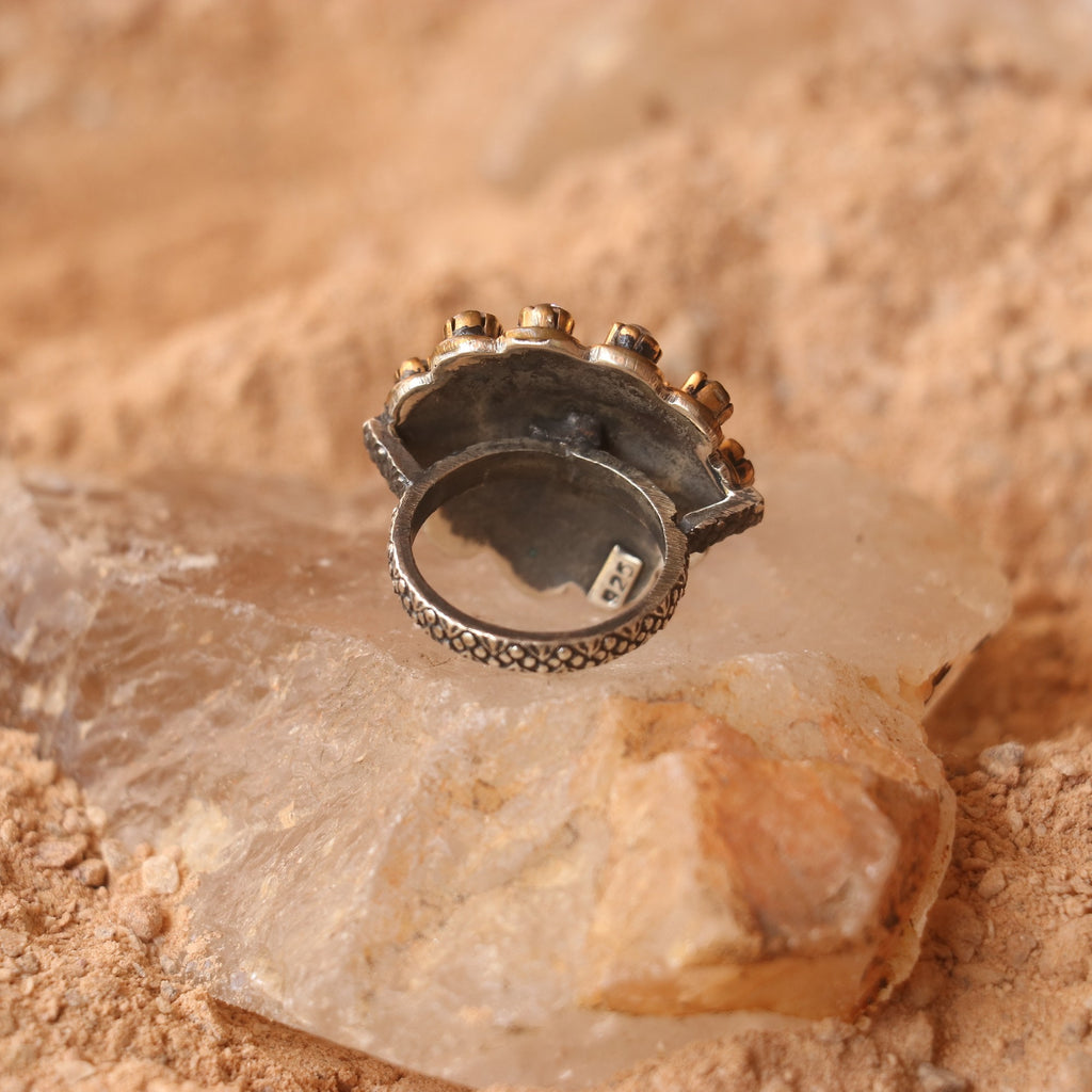 HANDCRAFTED SILVER RING WITH RUBIES , EMERALDS & ZIRCONS