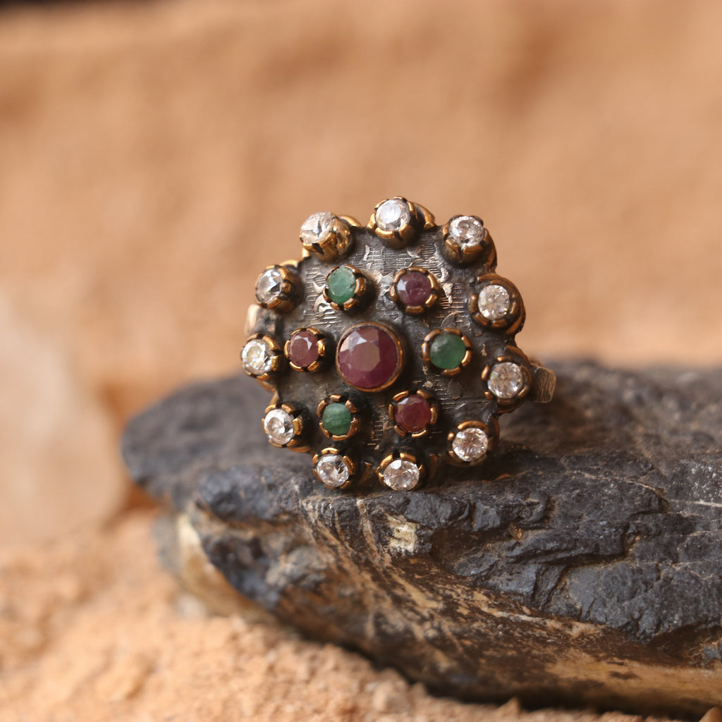 HANDCRAFTED SILVER RING WITH RUBIES , EMERALDS & ZIRCONS