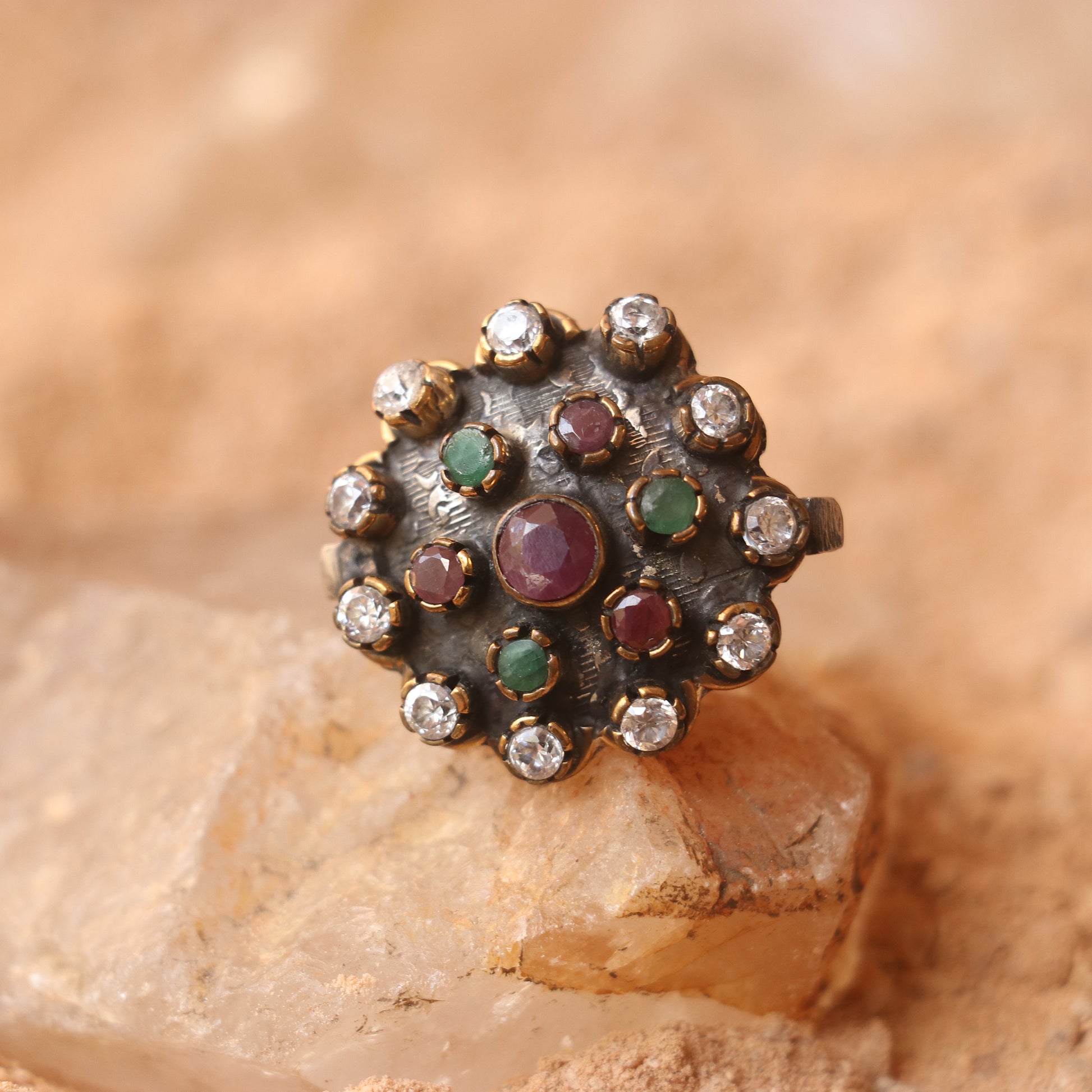 HANDCRAFTED SILVER RING WITH RUBIES , EMERALDS & ZIRCONS