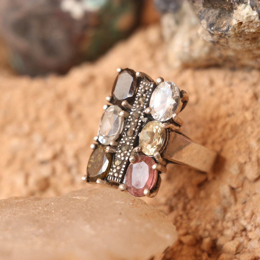 SILVER RING WITH MULTICOLOURED TOURMALINES