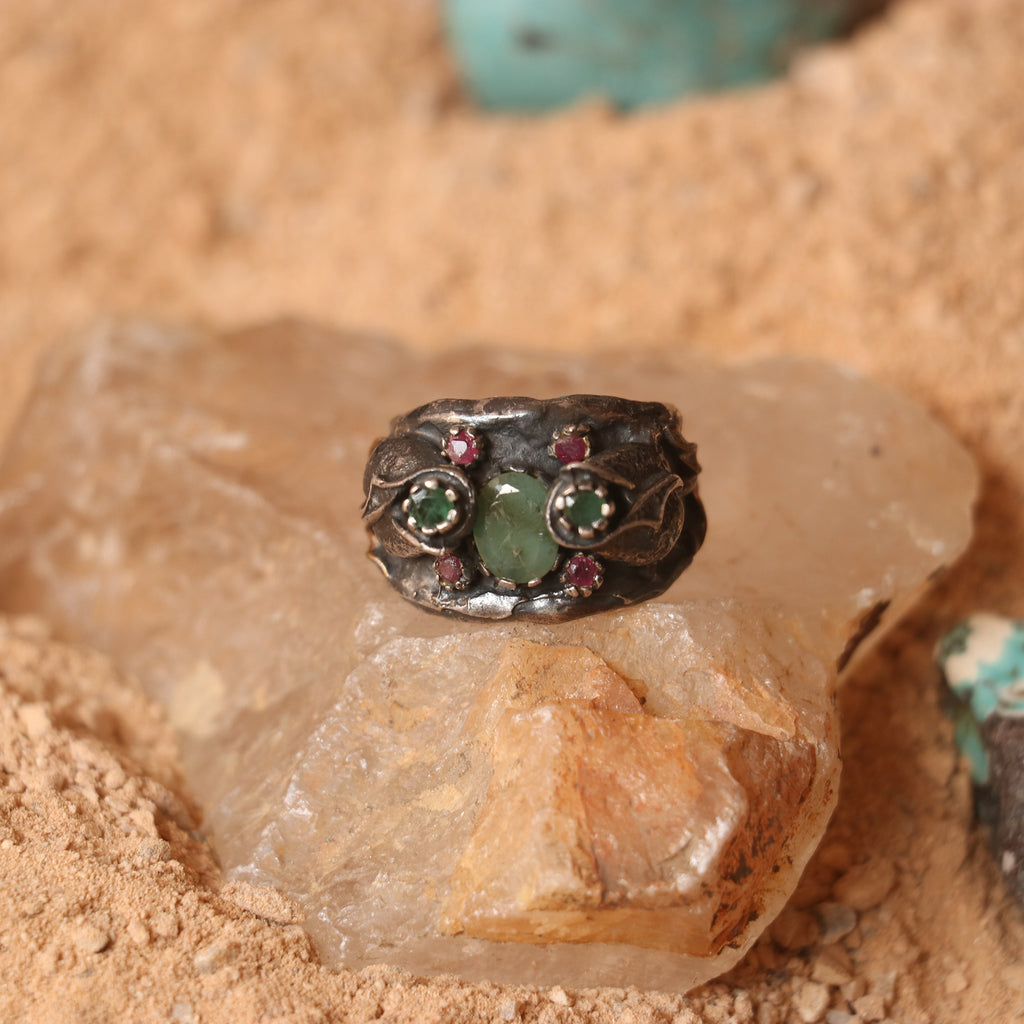 RUSTIC SILVER RING FEATURING RUBIES & EMERALDS