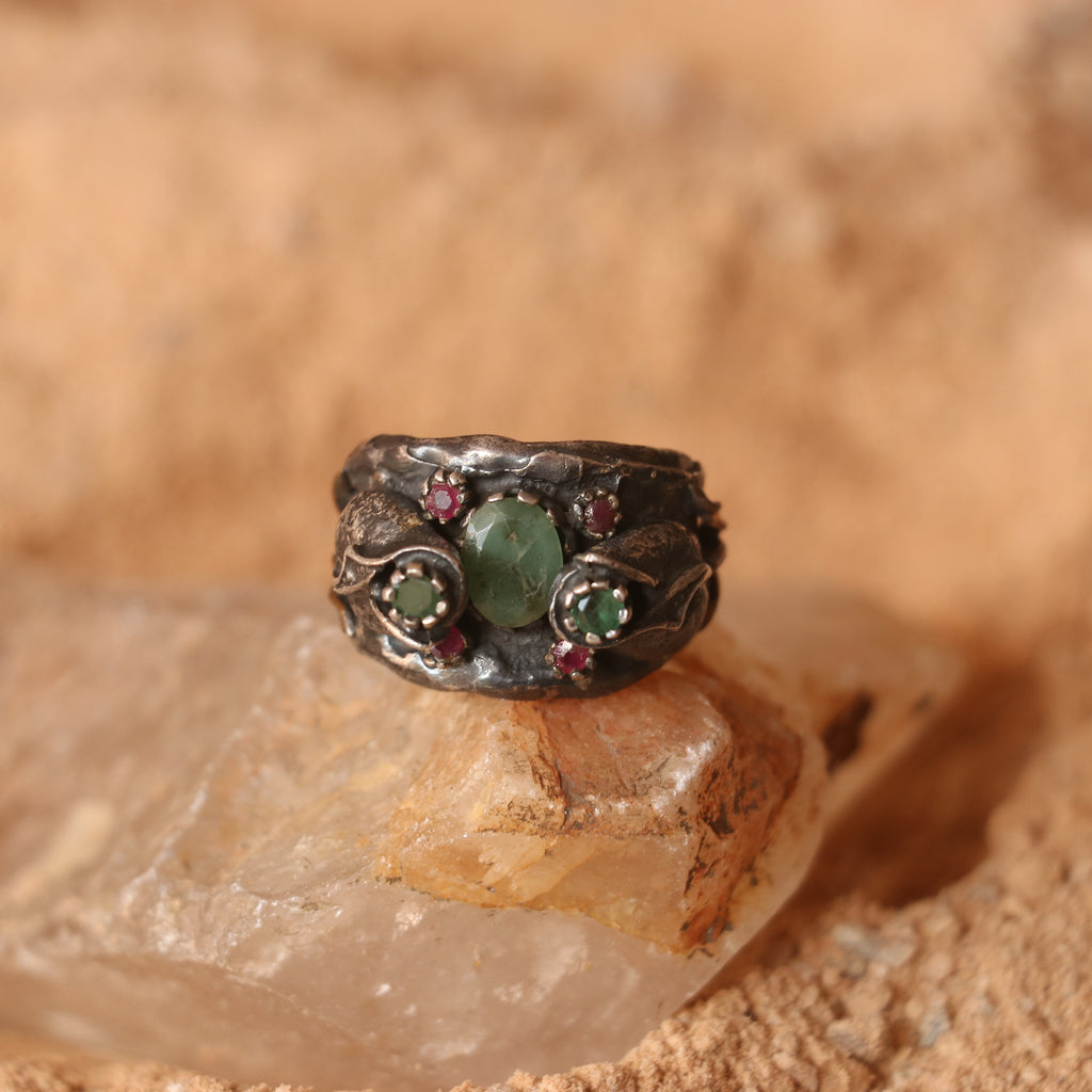 RUSTIC SILVER RING FEATURING RUBIES & EMERALDS