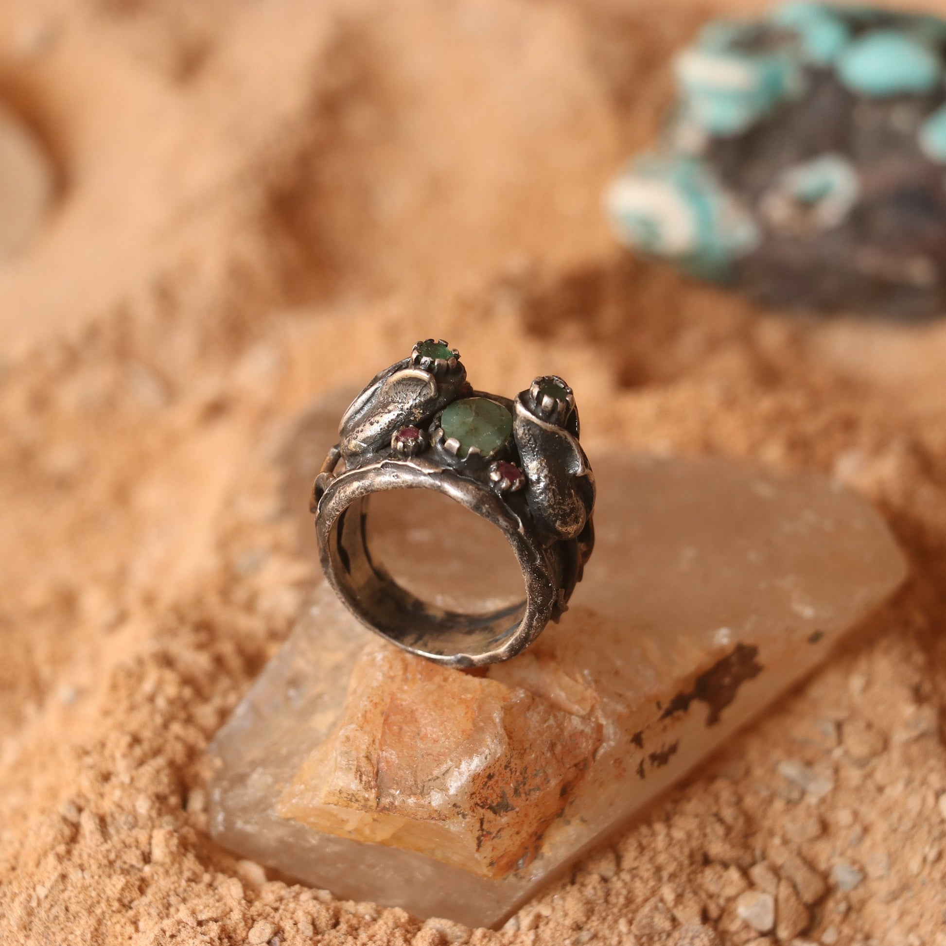 RUSTIC SILVER RING FEATURING RUBIES & EMERALDS