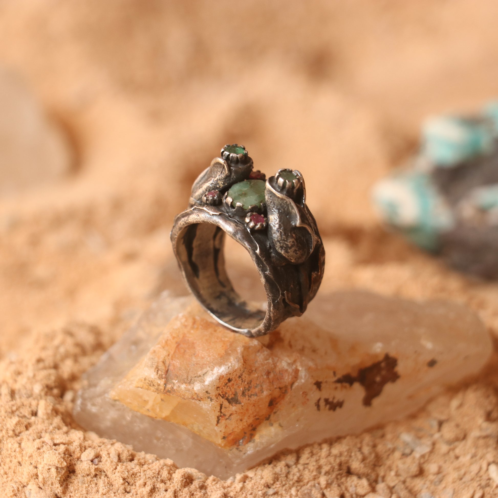 RUSTIC SILVER RING FEATURING RUBIES & EMERALDS