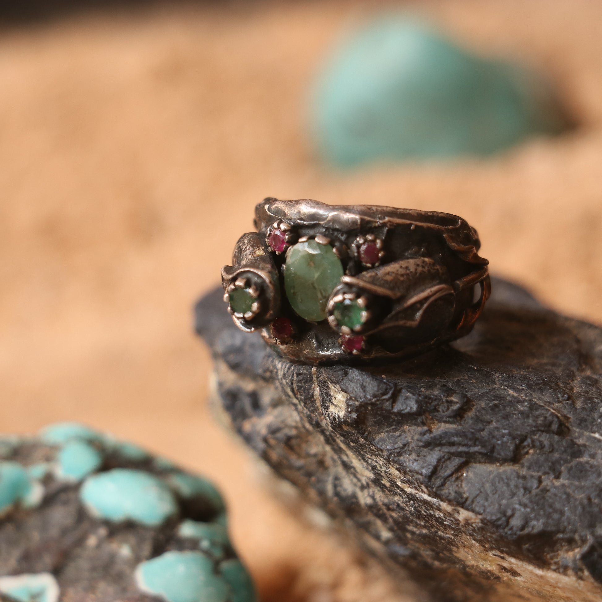 RUSTIC SILVER RING FEATURING RUBIES & EMERALDS