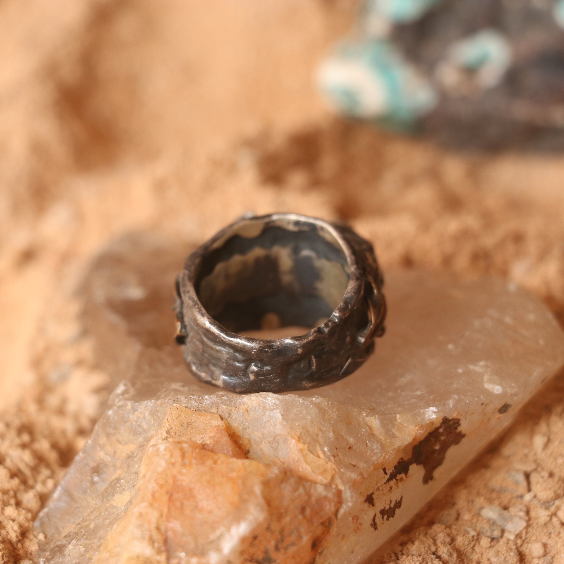 RUSTIC SILVER RING FEATURING RUBIES & EMERALDS