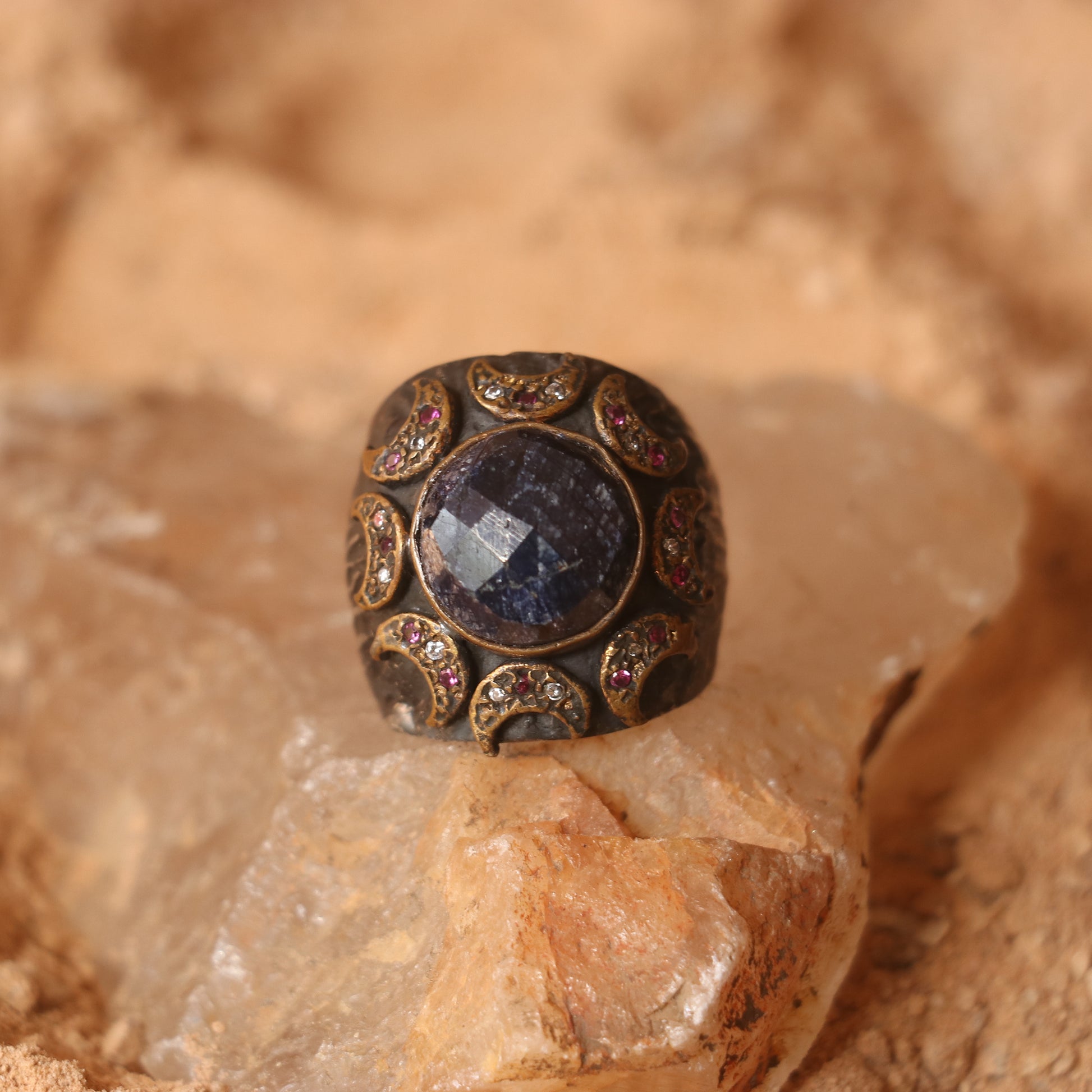 RUSTIC SILVER RING FEATURING LAPIS , RUBIES , ZIRCONS