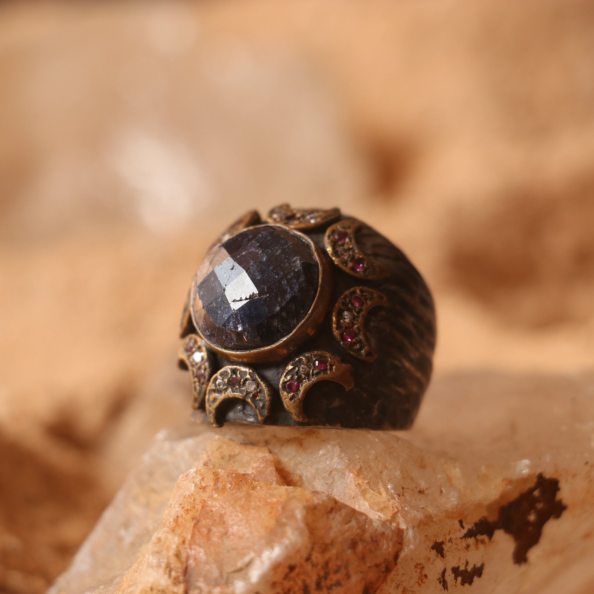 RUSTIC SILVER RING FEATURING LAPIS , RUBIES , ZIRCONS