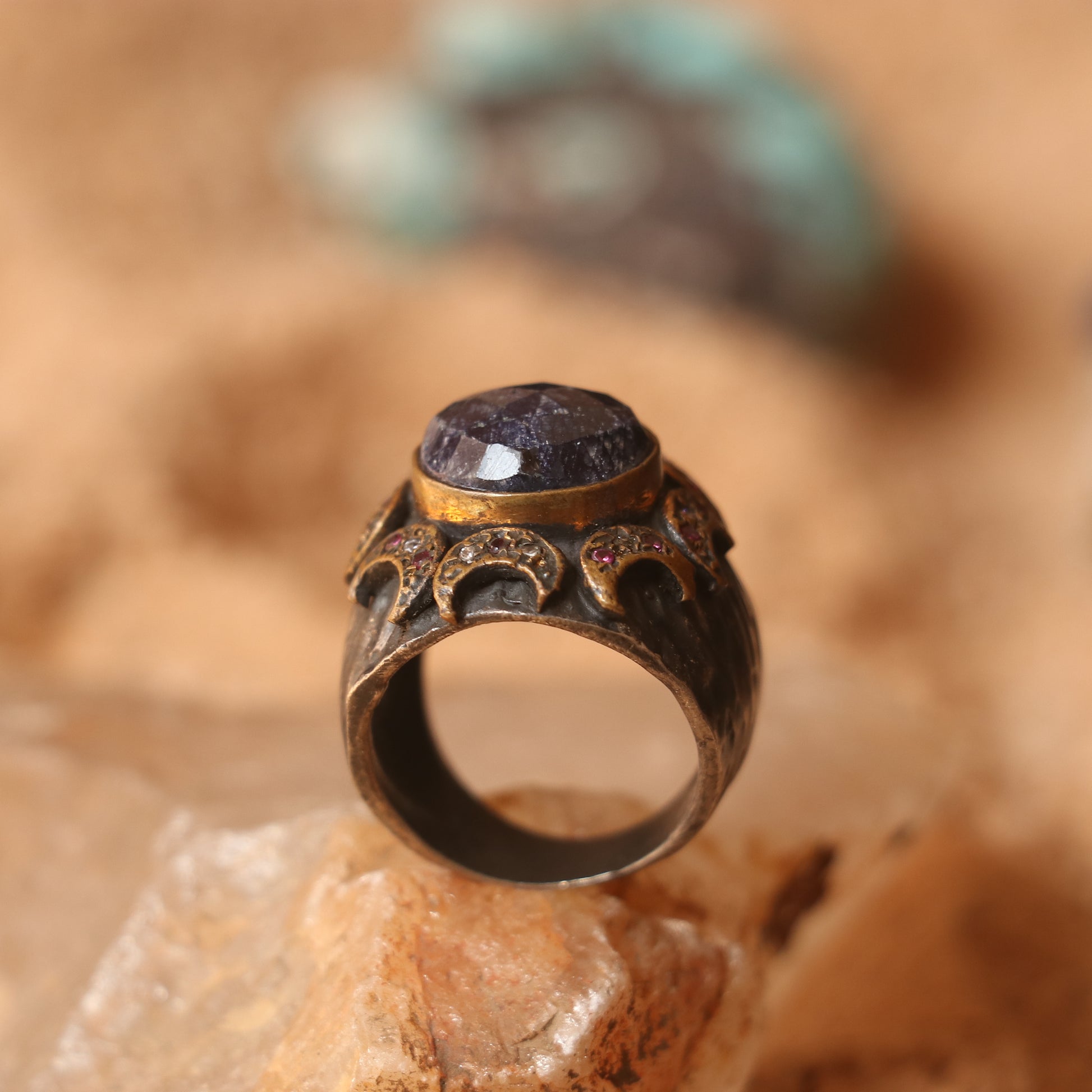 RUSTIC SILVER RING FEATURING LAPIS , RUBIES , ZIRCONS