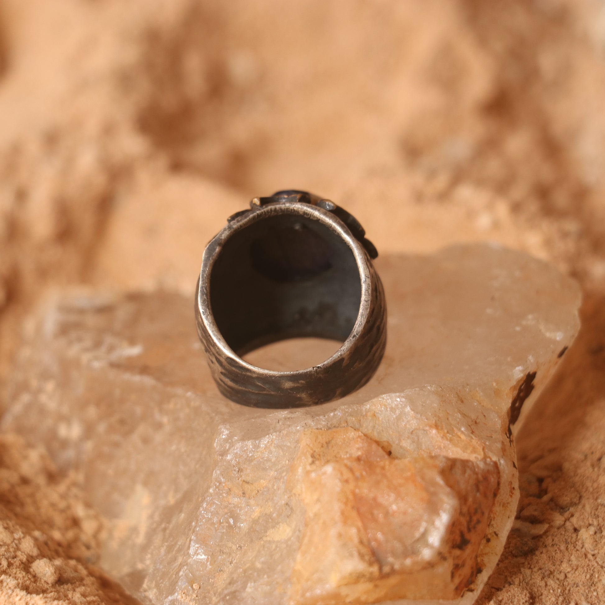 RUSTIC SILVER RING FEATURING LAPIS , RUBIES , ZIRCONS