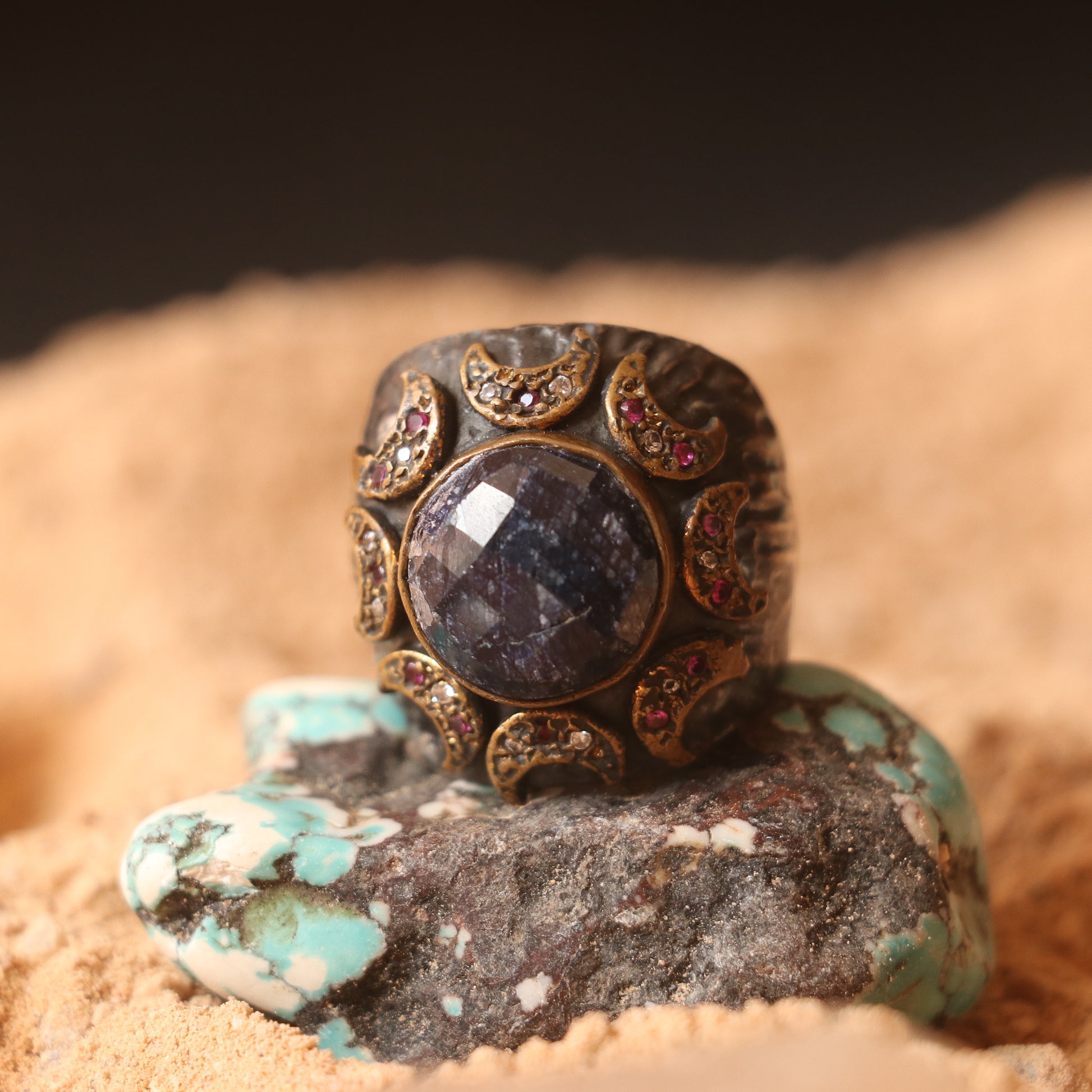 RUSTIC SILVER RING FEATURING LAPIS , RUBIES , ZIRCONS