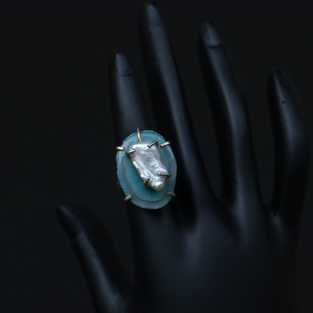 BLUE AGATE SLICE WITH PEARL STERLING SILVER RING