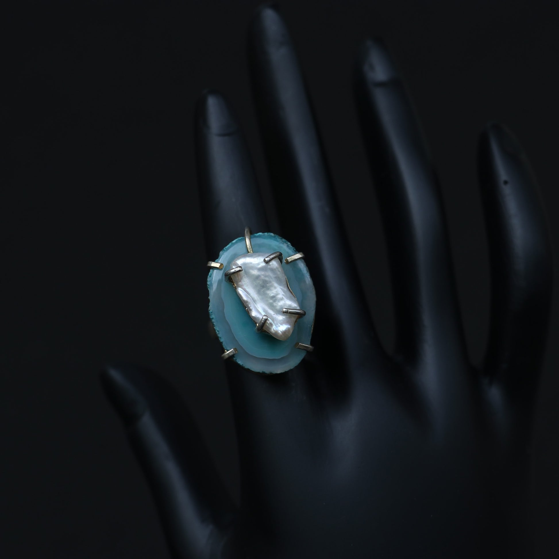 BLUE AGATE SLICE WITH PEARL STERLING SILVER RING