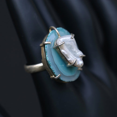 Blue Agate slice with pearl Sterling Silver Ring