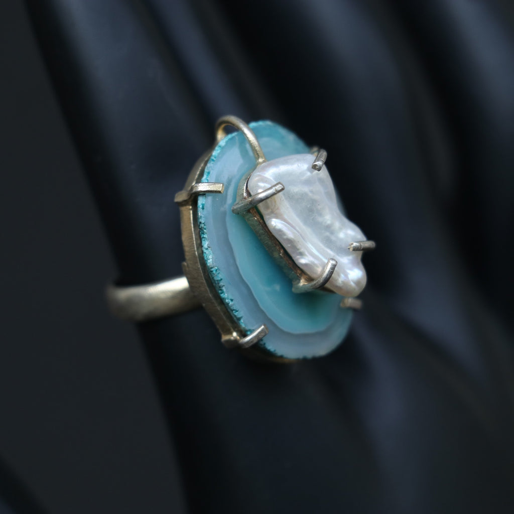 BLUE AGATE SLICE WITH PEARL STERLING SILVER RING