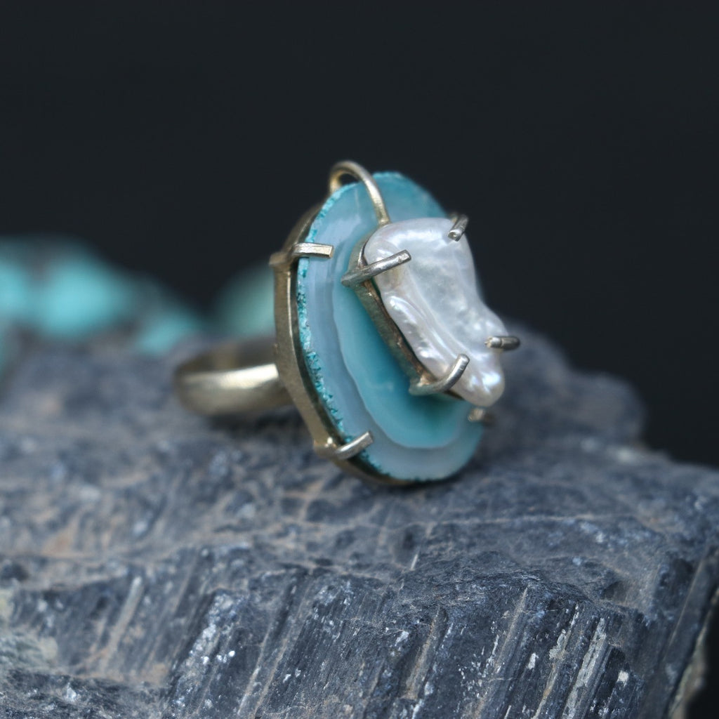 BLUE AGATE SLICE WITH PEARL STERLING SILVER RING