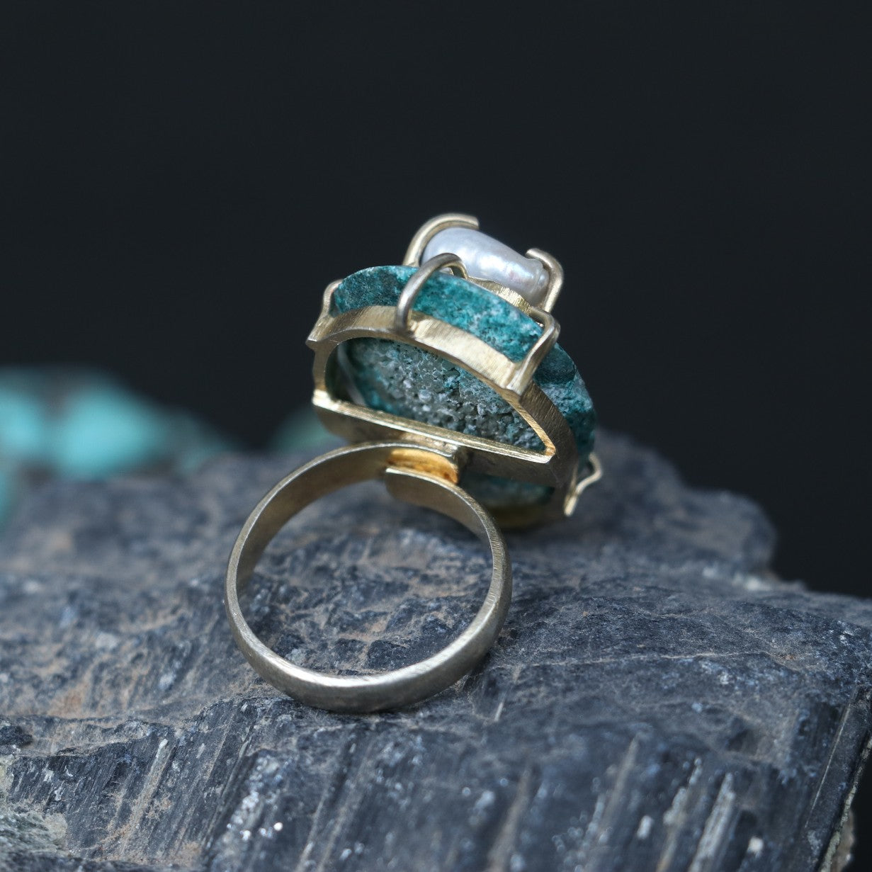BLUE AGATE SLICE WITH PEARL STERLING SILVER RING
