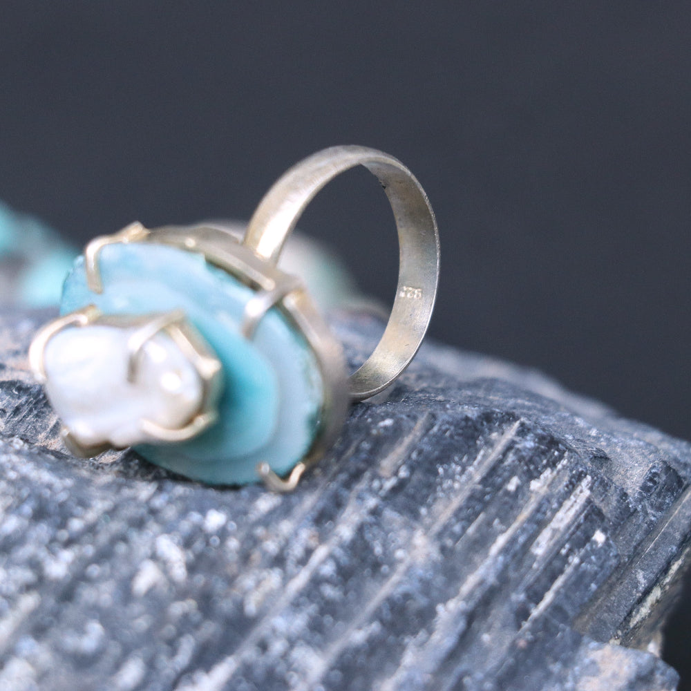 Blue Agate slice with pearl Sterling Silver Ring
