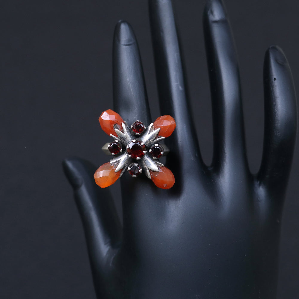 Silver Ring with Large Agate Balls in a Floral Pattern