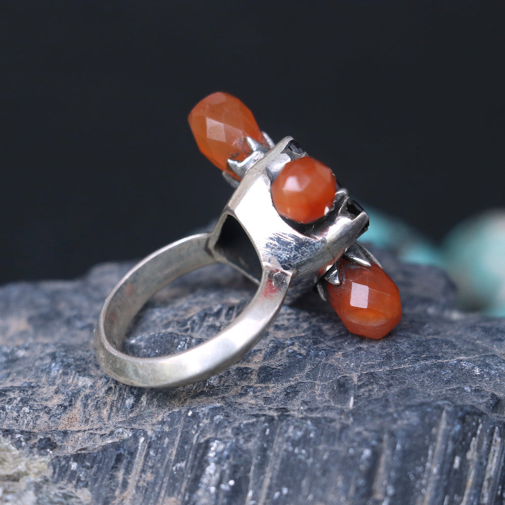Silver Ring with Large Agate Balls in a Floral Pattern
