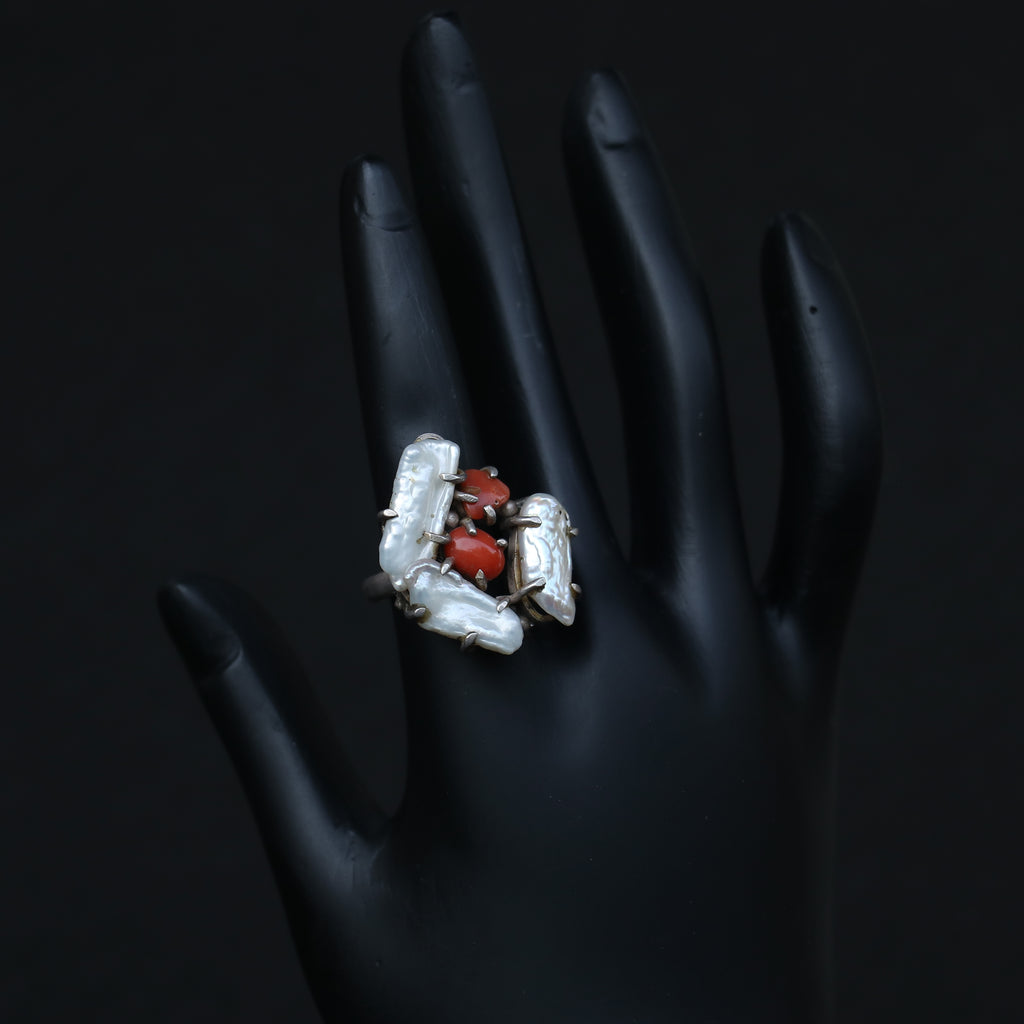 SILVER RING FEATURING WHITE BAROQUE PEARLS & NATURAL RED CORALS