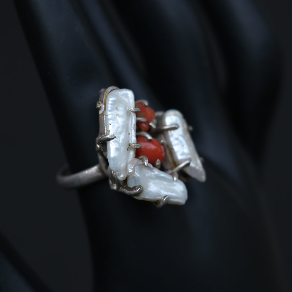 SILVER RING FEATURING WHITE BAROQUE PEARLS & NATURAL RED CORALS