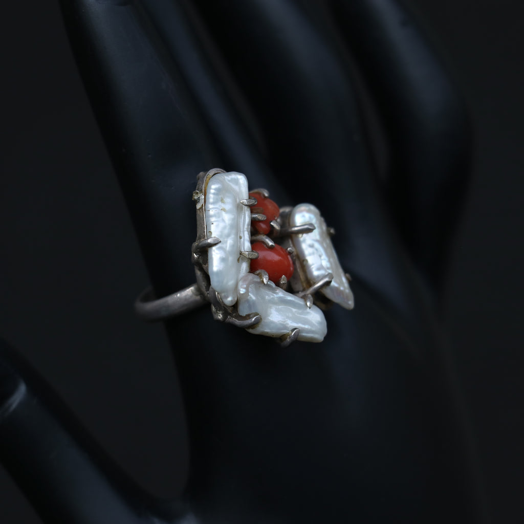SILVER RING FEATURING WHITE BAROQUE PEARLS & NATURAL RED CORALS
