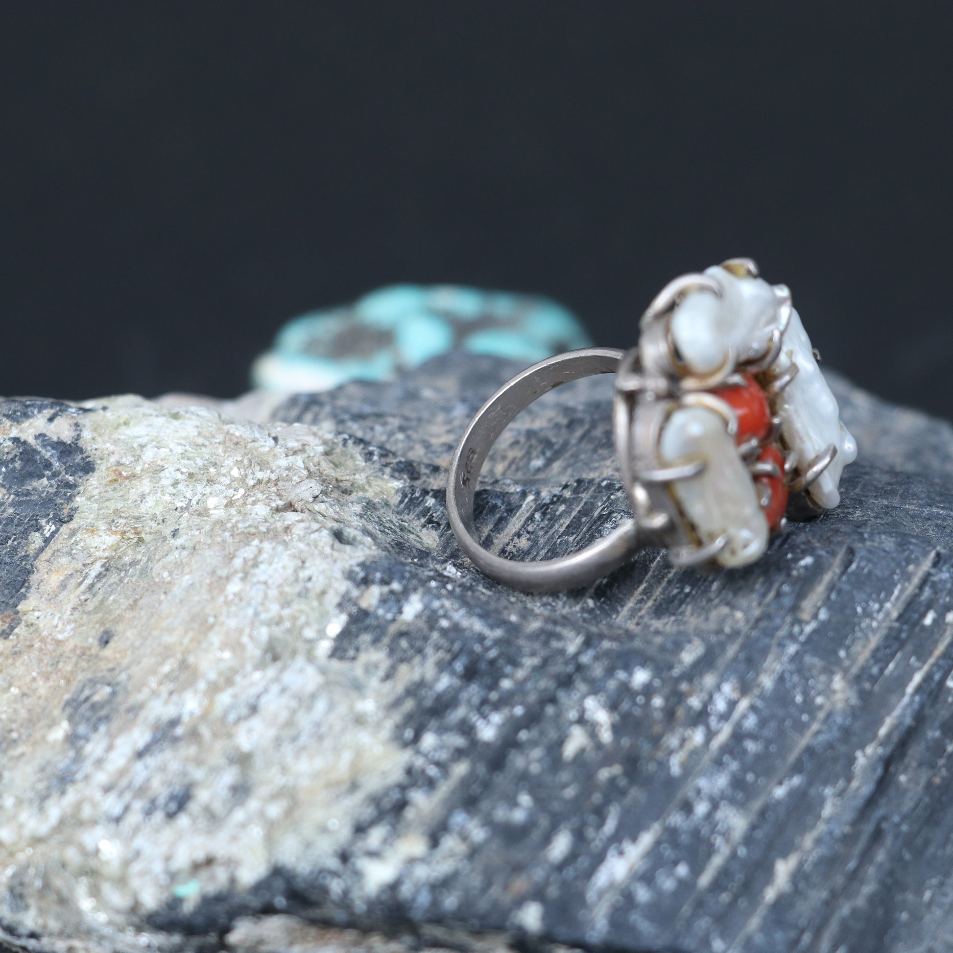 SILVER RING FEATURING WHITE BAROQUE PEARLS & NATURAL RED CORALS