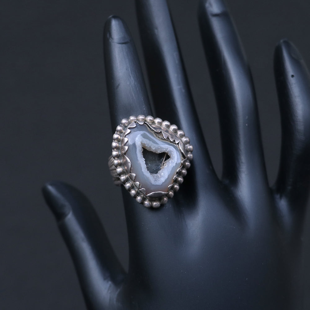 Rustic Silver Ring Featuring a Raw Agate Slice in a Bold Beaded Bezel