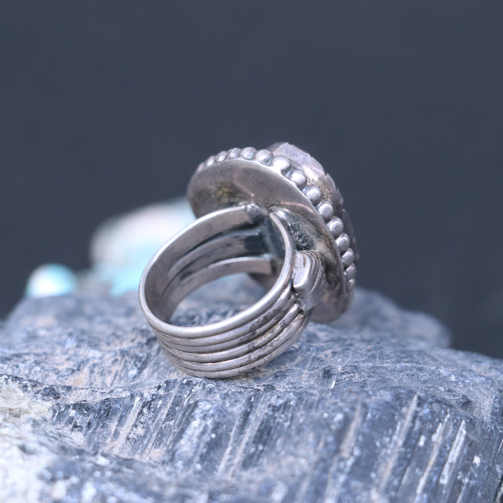 Rustic Silver Ring Featuring a Raw Agate Slice in a Bold Beaded Bezel