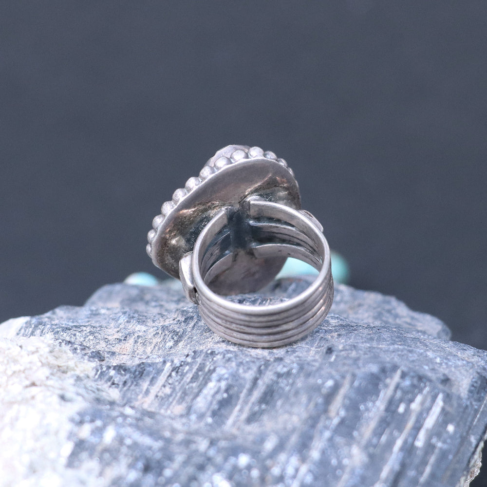 Rustic Silver Ring Featuring a Raw Agate Slice in a Bold Beaded Bezel